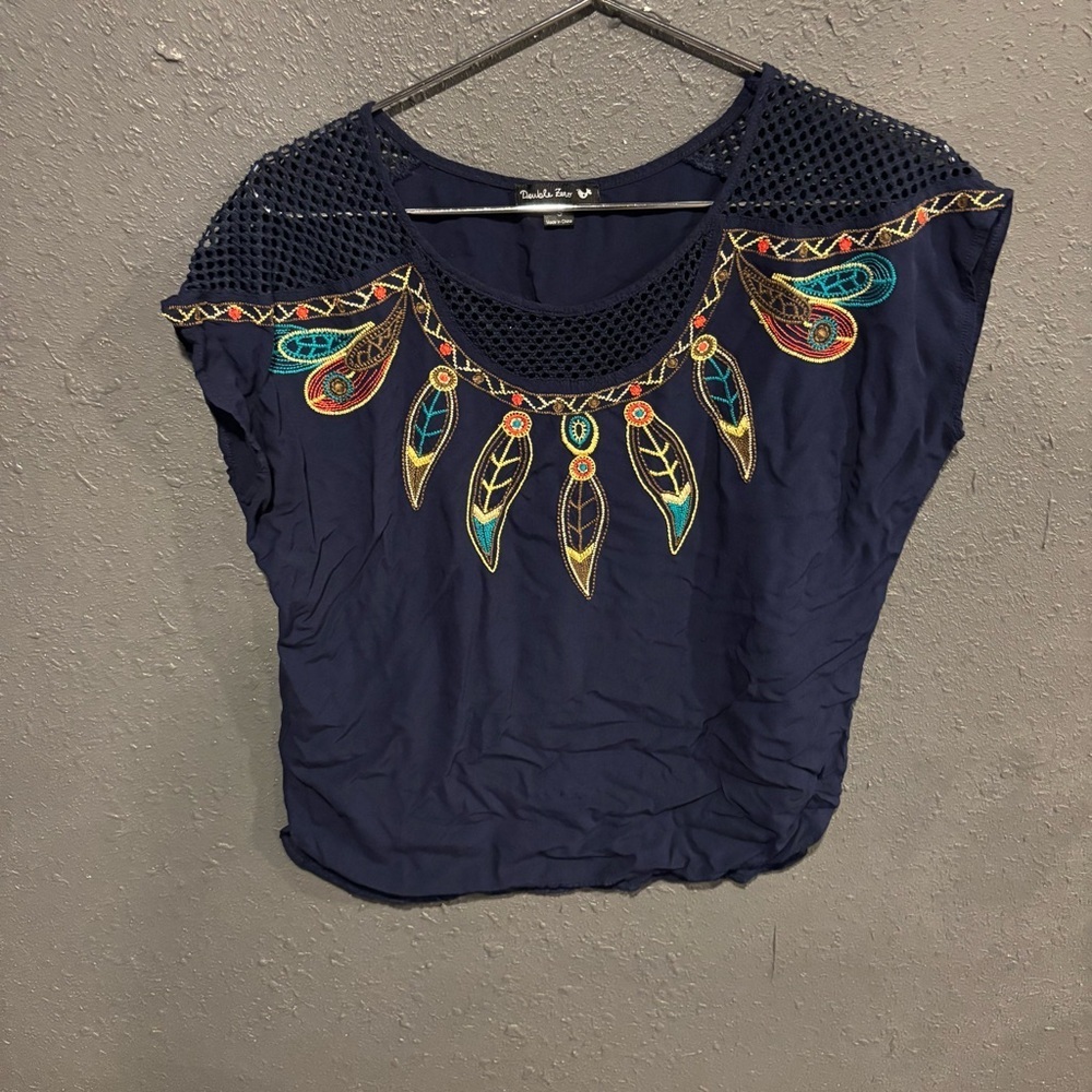 Double Zero Blue Embellished Crop Blouse